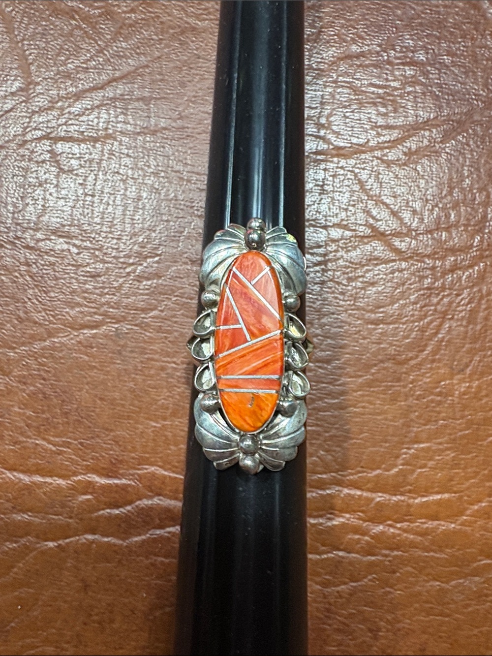 Native American Orange Inlay Sterling-Style Oval Statement Ring Sz9 Signed JY